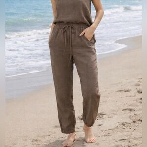 IXIMO 100% Linen Pants Women L Brown Drawstring Elastic Waist Relaxed